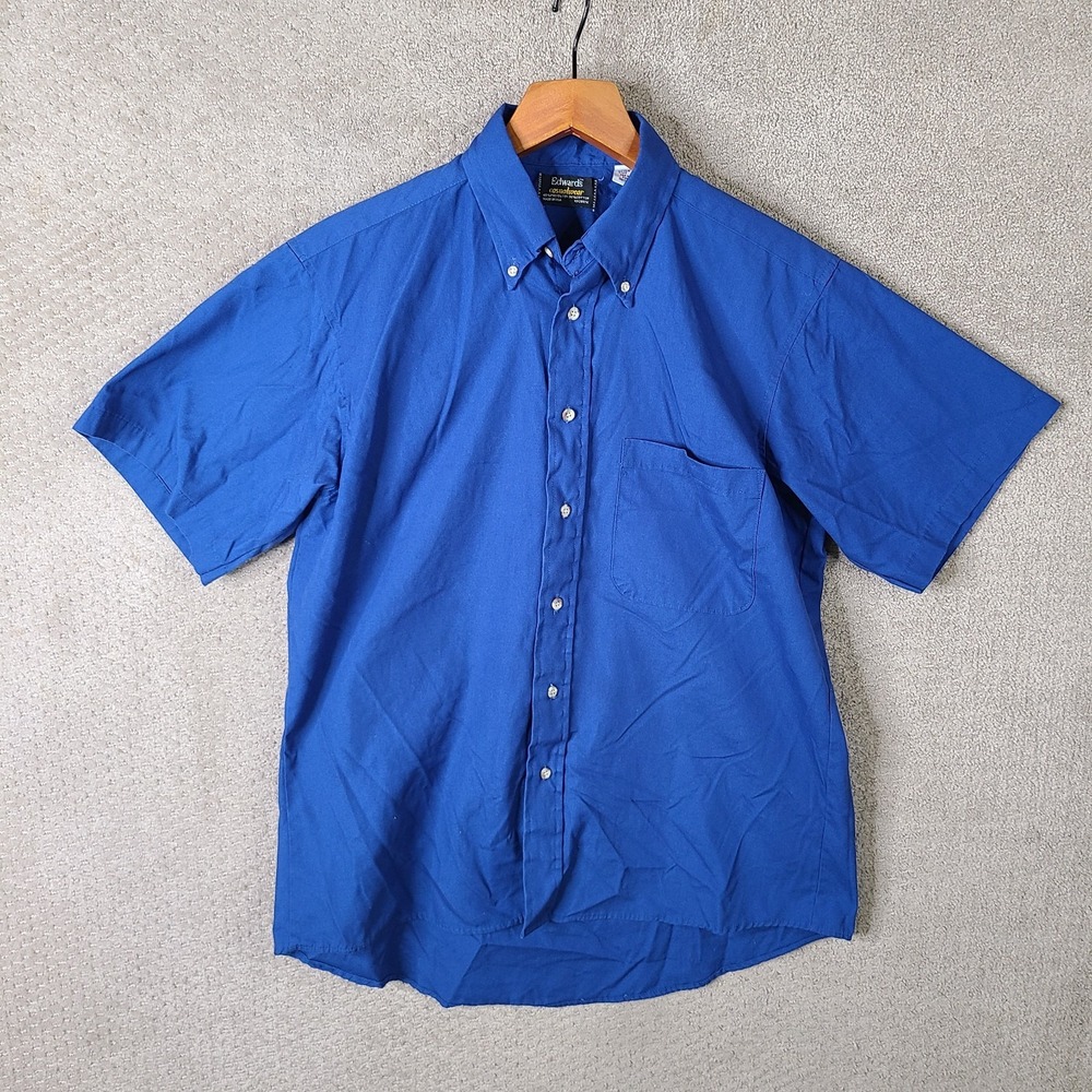 Vintage Edwards Casualwear Shirt Mens Medium‎ Blue Button Down Poly Blend USA